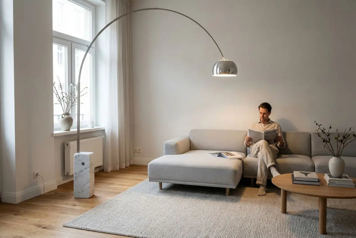 Scandinavische woonkamer met iconische boogvloerlamp naast modulaire bank en leeshoek