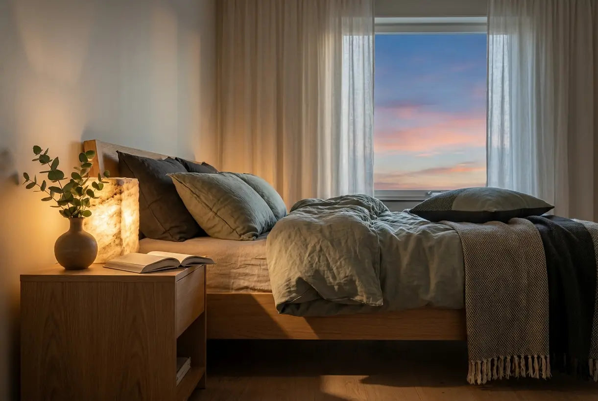 Skandinavisches Schlafzimmer mit Nachttischlampe aus Travertin, die warmes Licht auf Bettwäsche aus Naturleinen wirft