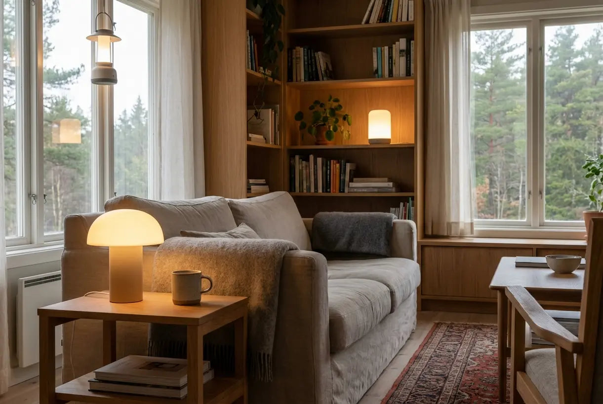 Scandinavische woonkamer met meerdere draagbare LED-lampen die gezellige hygge-verlichting creëren
