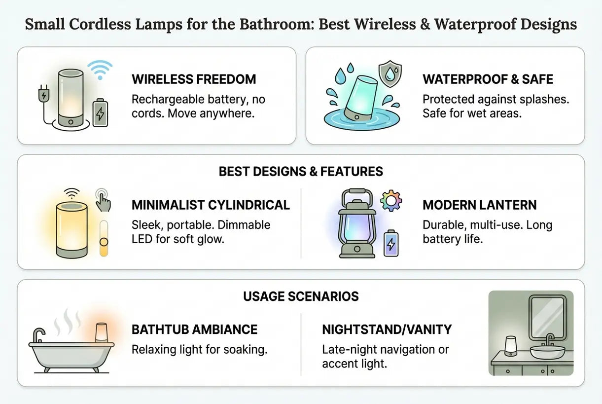 Kleine snoerloze lampen voor de badkamer: de beste draadloze en waterdichte ontwerpen - infographic