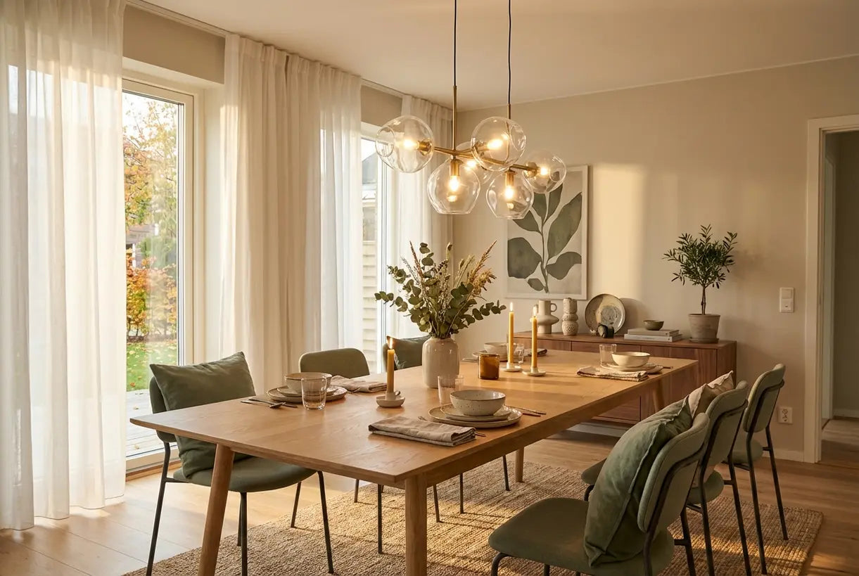 Skandinavisches Esszimmer mit Kronleuchter in der richtigen Höhe über einem Holztisch für warmes Licht