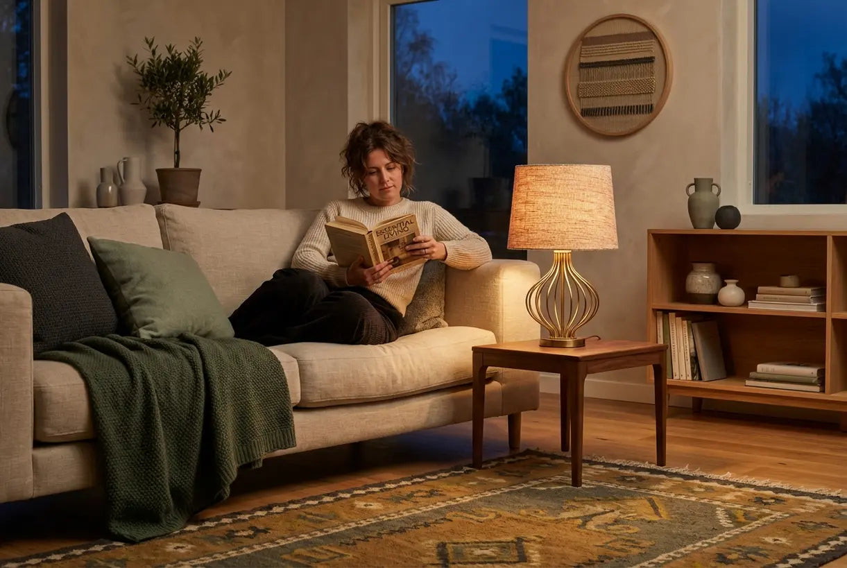 Knusse woonkamer met iemand die leest bij het warme licht van een vintage retro tafellamp in een Scandinavisch interieur