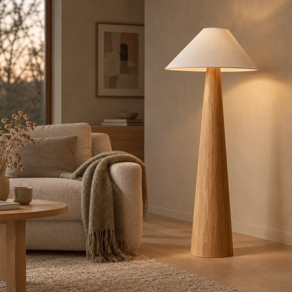 Stille japanische Wabi-Sabi Stehlampe aus Massivholz