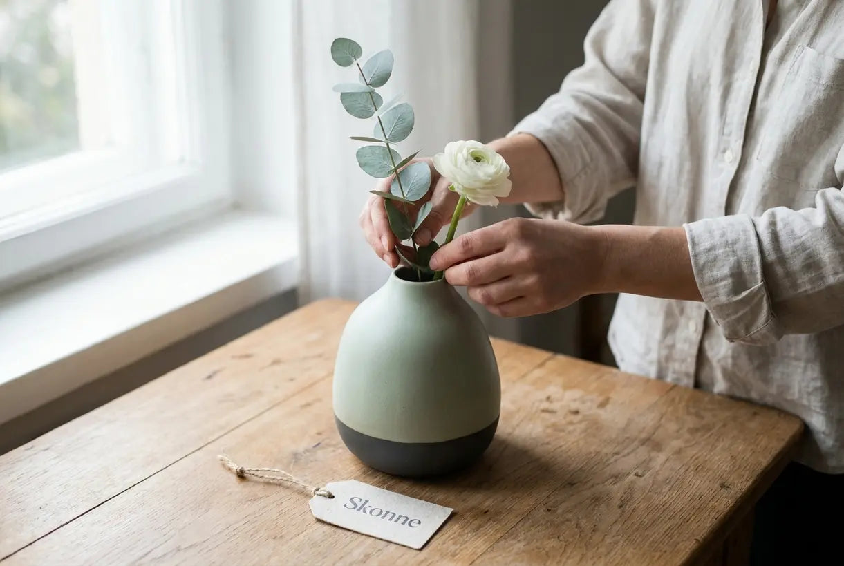 Hände arrangieren frischen Eukalyptus und weiße Blumen in eine strukturierte Keramikvase für eine minimalistische Blumendekoration