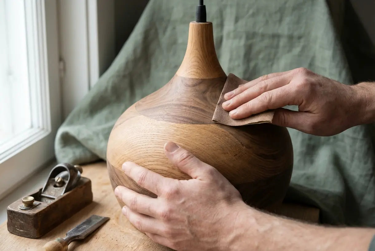 Artisan hands sanding natural wood pendant light fixture with visible grain texture