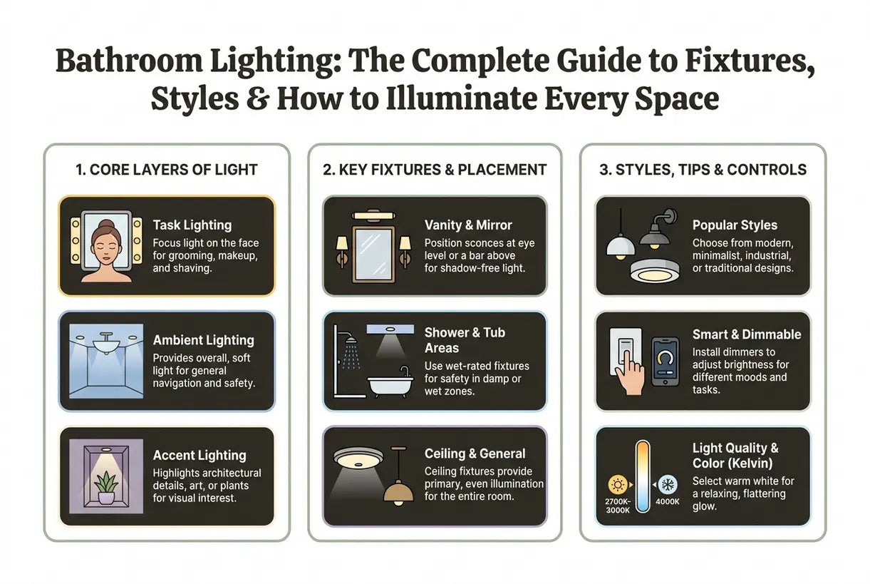 Badkamerverlichting: De complete gids voor armaturen, stijlen en hoe elke ruimte te verlichten - infographic