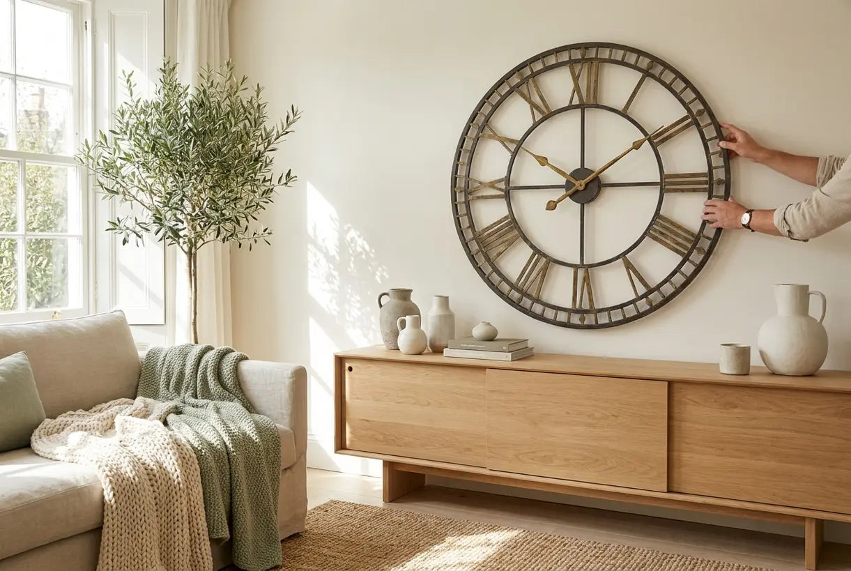 Styled Scandinavian interior with large Roman numeral wall clock as statement piece