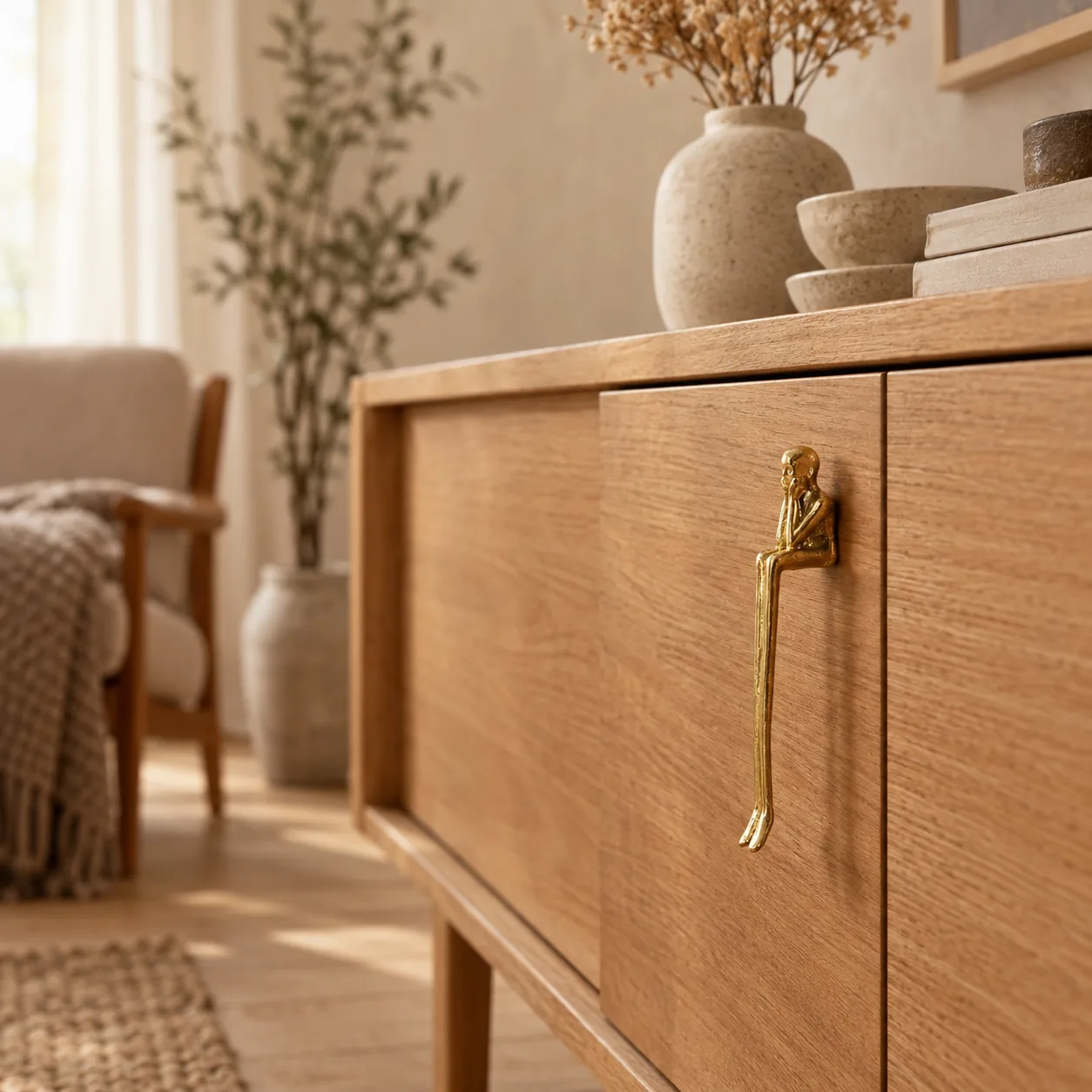 Forma Humanoid Brass Pull Handle Nordic Design, styled in a Scandinavian interior