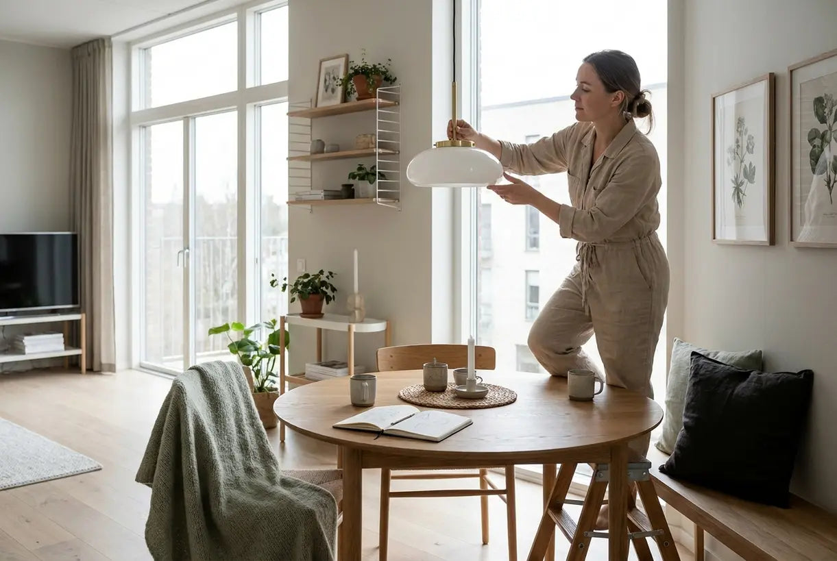 Decorator arranging pendant light in Scandinavian interior demonstrating lighting design fundamentals