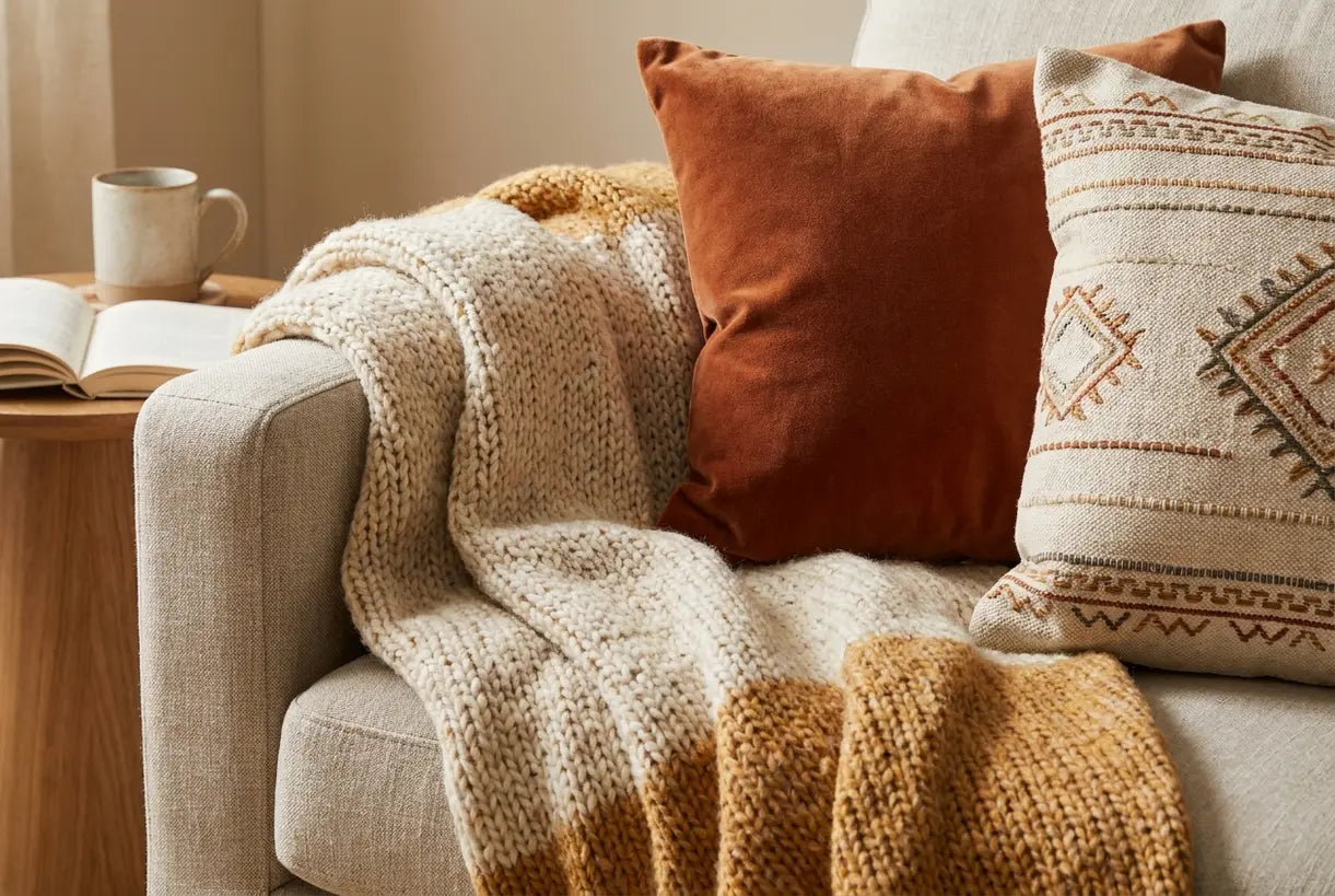 Close-up of sofa cushions and textured throw
