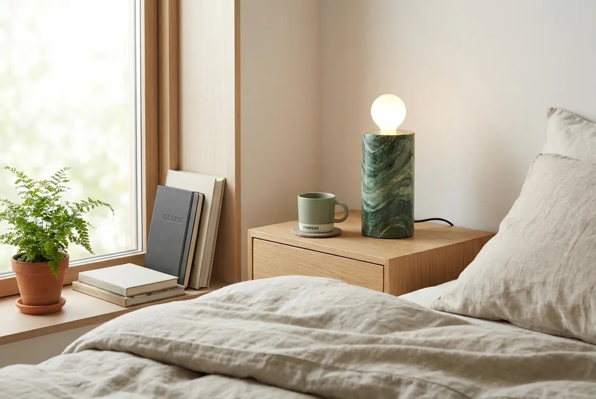 Scandinavisch interieur met een tafellamp van groen marmer op een houten nachtkastje in een slaapkamer geïnspireerd op de natuur