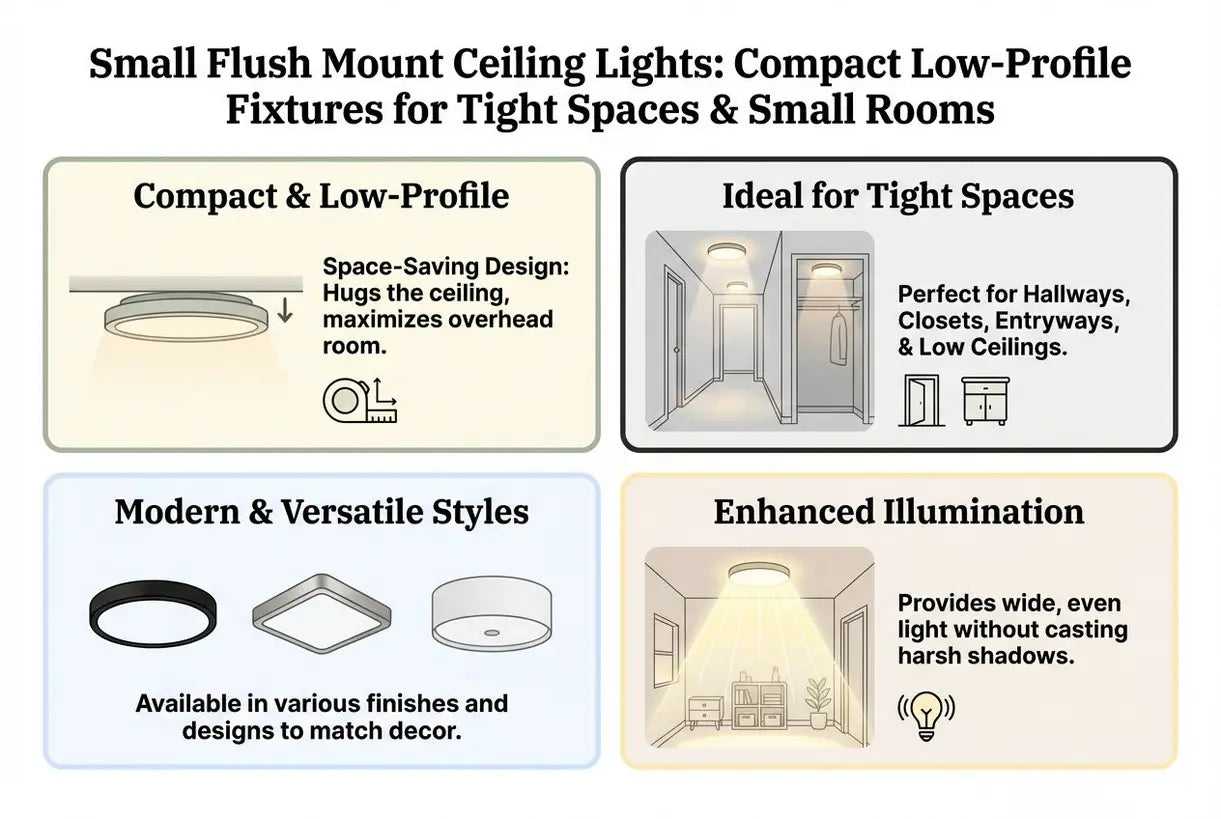 Kleine plafondlampen voor vlakke montage: compacte, lage armaturen voor krappe ruimtes en kleine kamers - infographic