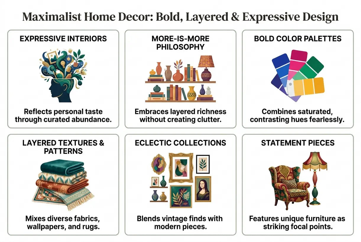 Maximalist Home Decor: Bold, Layered & More-Is-More Design for Expressive Interiors - infographic