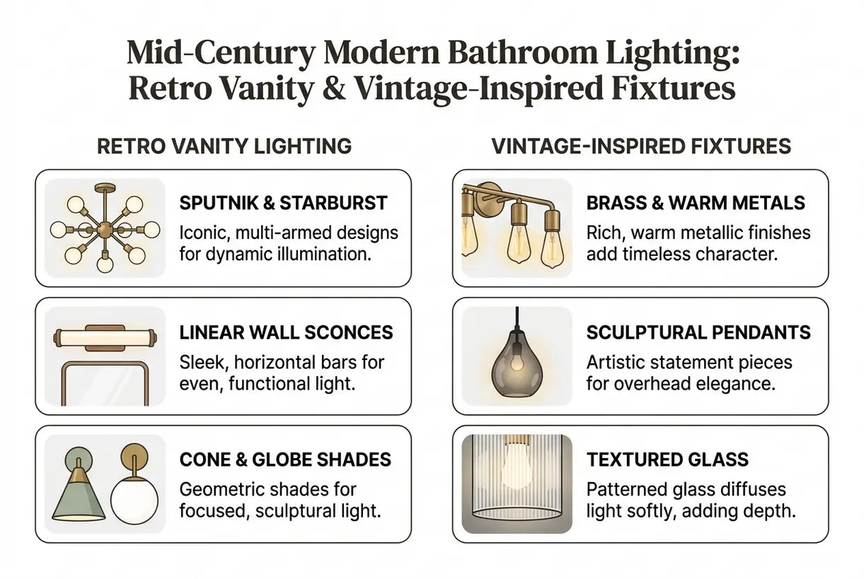 Mid-Century Modern Bathroom Lighting: Retro Vanity & Vintage-Inspired Fixtures - infographic