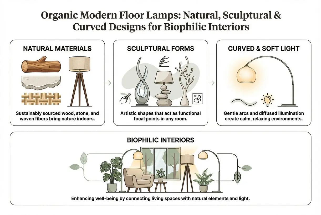 Organische moderne vloerlampen: Natuurlijke, sculpturale & gebogen ontwerpen voor biofilische interieurs - infographic