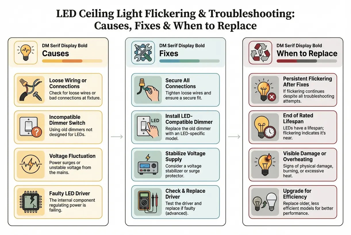 LED Plafondlamp Knipperen & Probleemoplossing: Oorzaken, Oplossingen & Wanneer te Vervangen - infographic