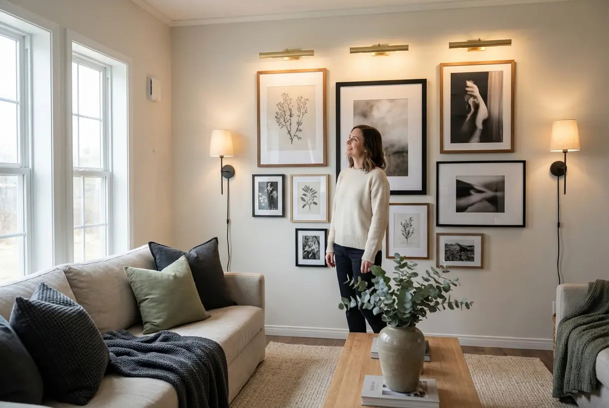 Scandinavische fotowand met schilderijlampen die ingelijste kunstwerken verlichten in een modern interieur