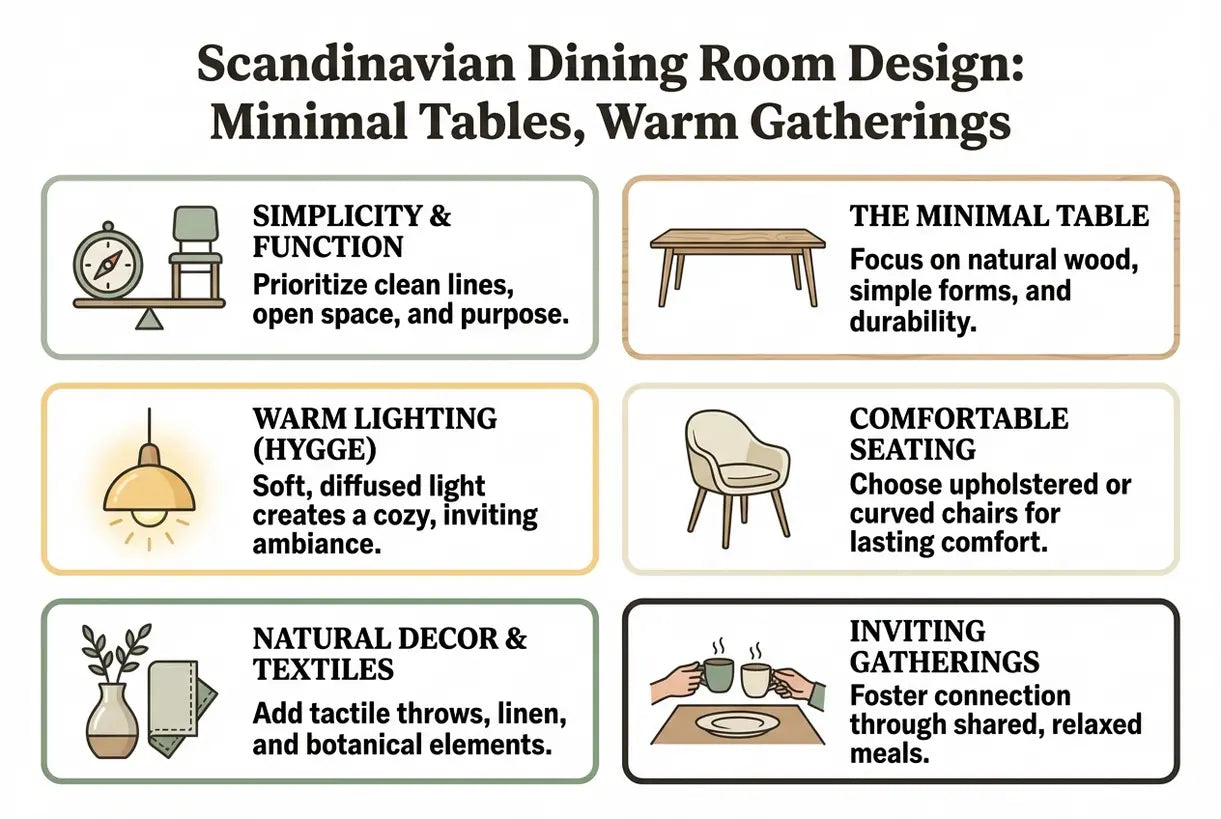 Scandinavisch eetkamerontwerp: minimale tafels, warme bijeenkomsten - infographic