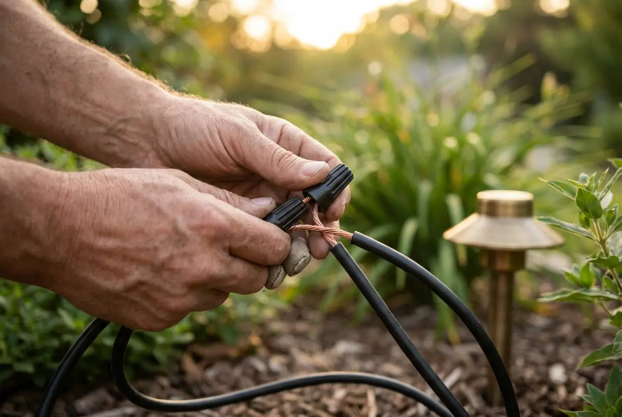 Handen die laagspanning buitenverlichtingsdraadverbinders aansluiten in een tuinomgeving