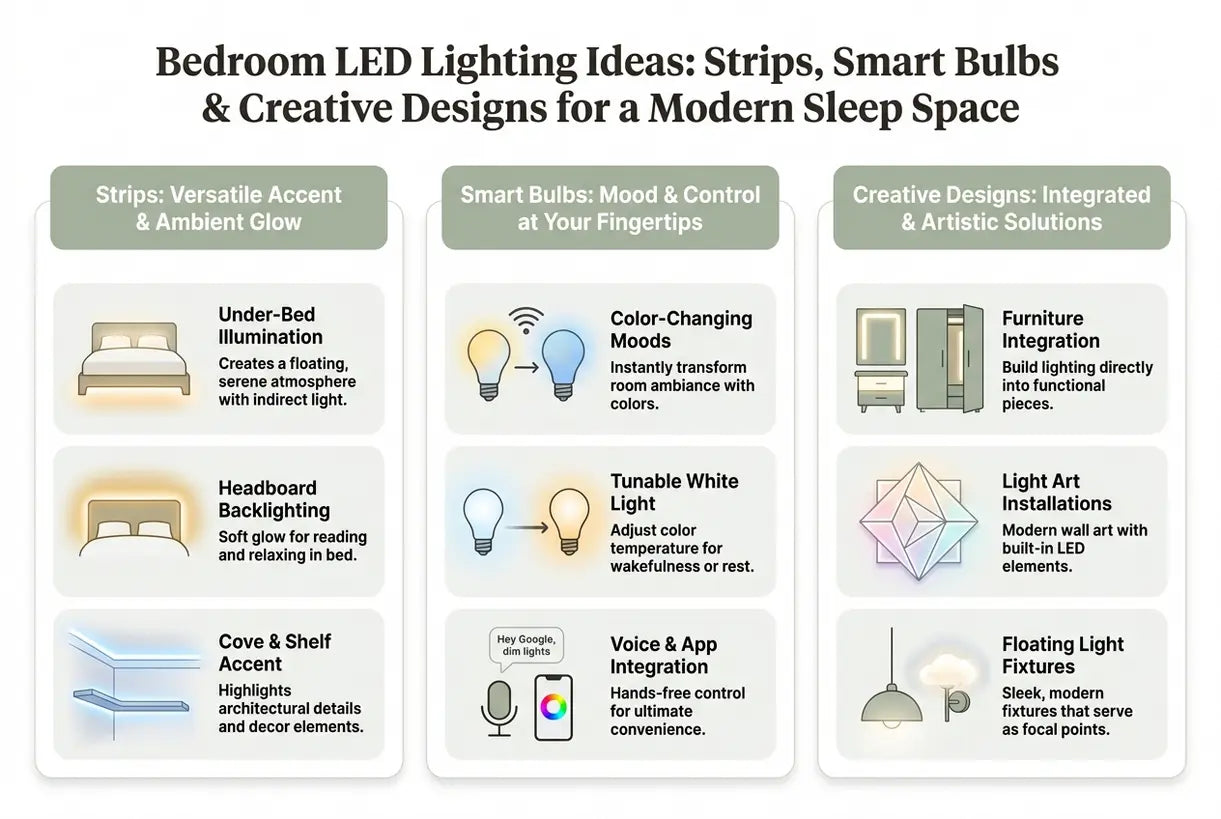 Bedroom LED Lighting Ideas: Strips, Smart Bulbs & Creative Designs for a Modern Sleep Space - infographic
