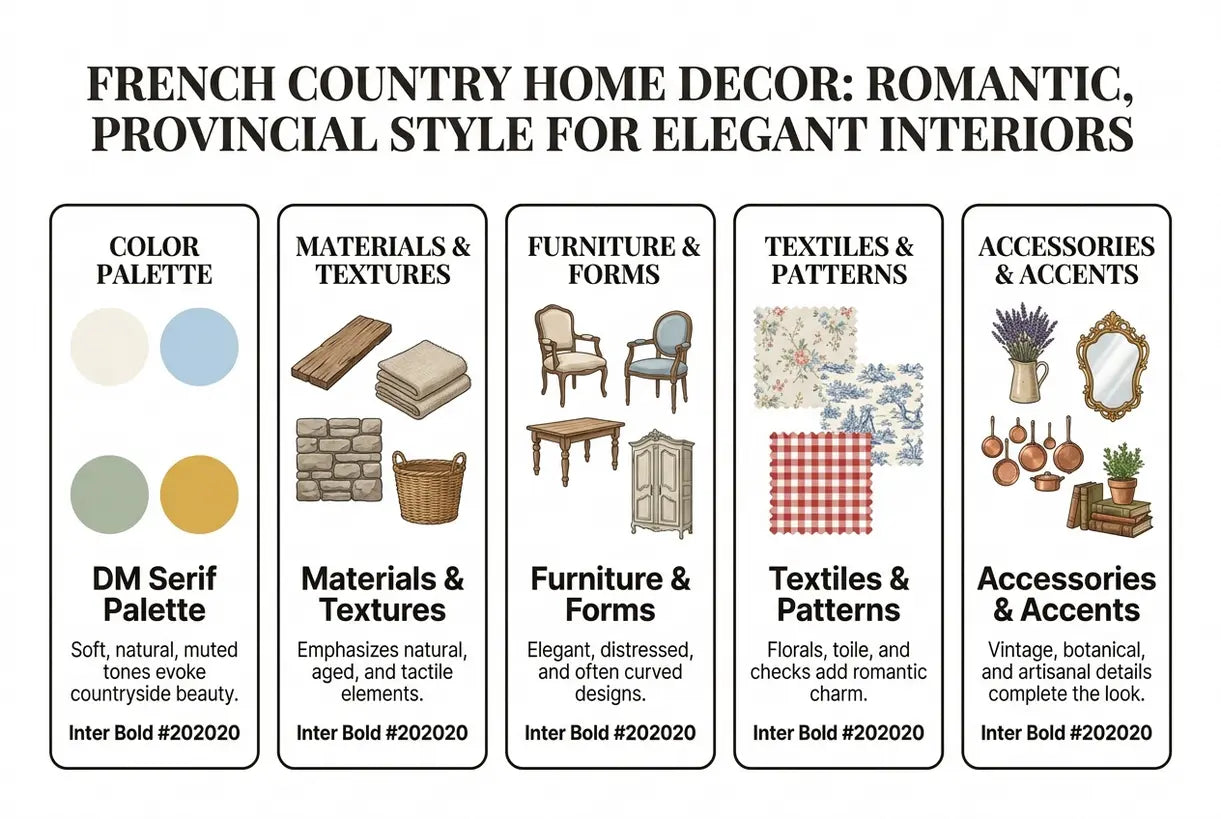 French Country Home Decor: Romantic, Provincial Style for Elegant Interiors - infographic