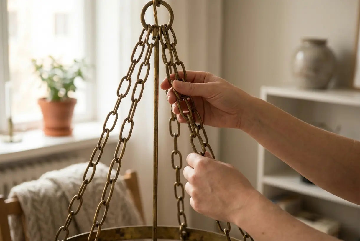 Hands adjusting brass chandelier chain in Scandinavian living room, natural light