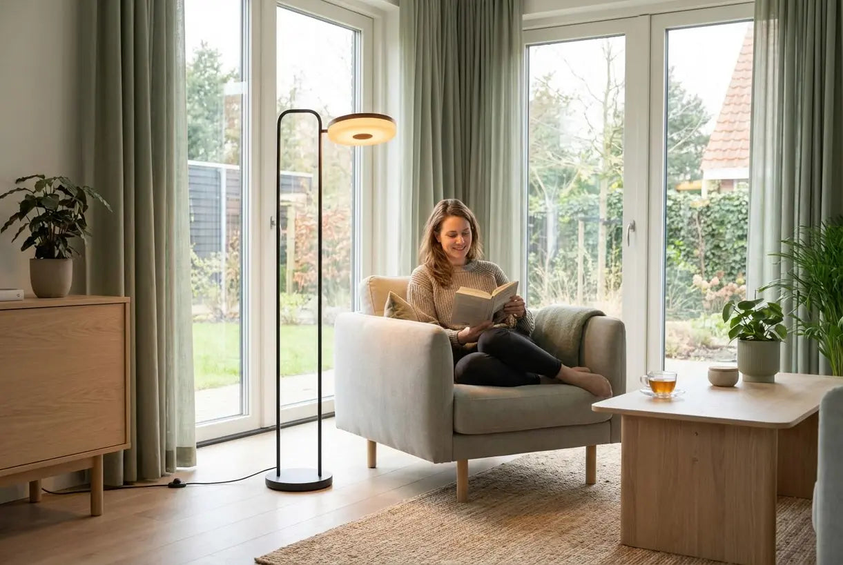 Moderne LED vloerlamp verlicht Scandinavische woonkamer met lezend persoon