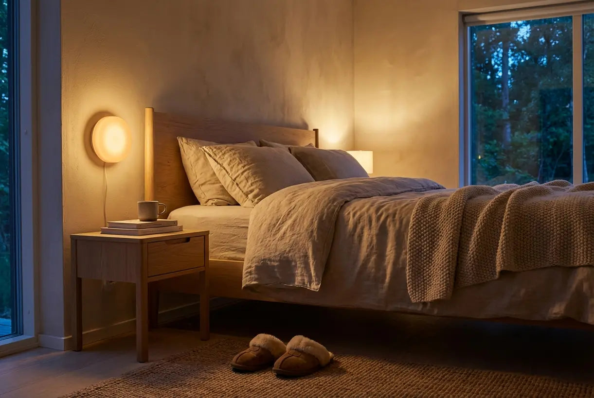 Slaapkamer met wandgemonteerd nachtlampje dat een warme Scandinavische sfeer creëert
