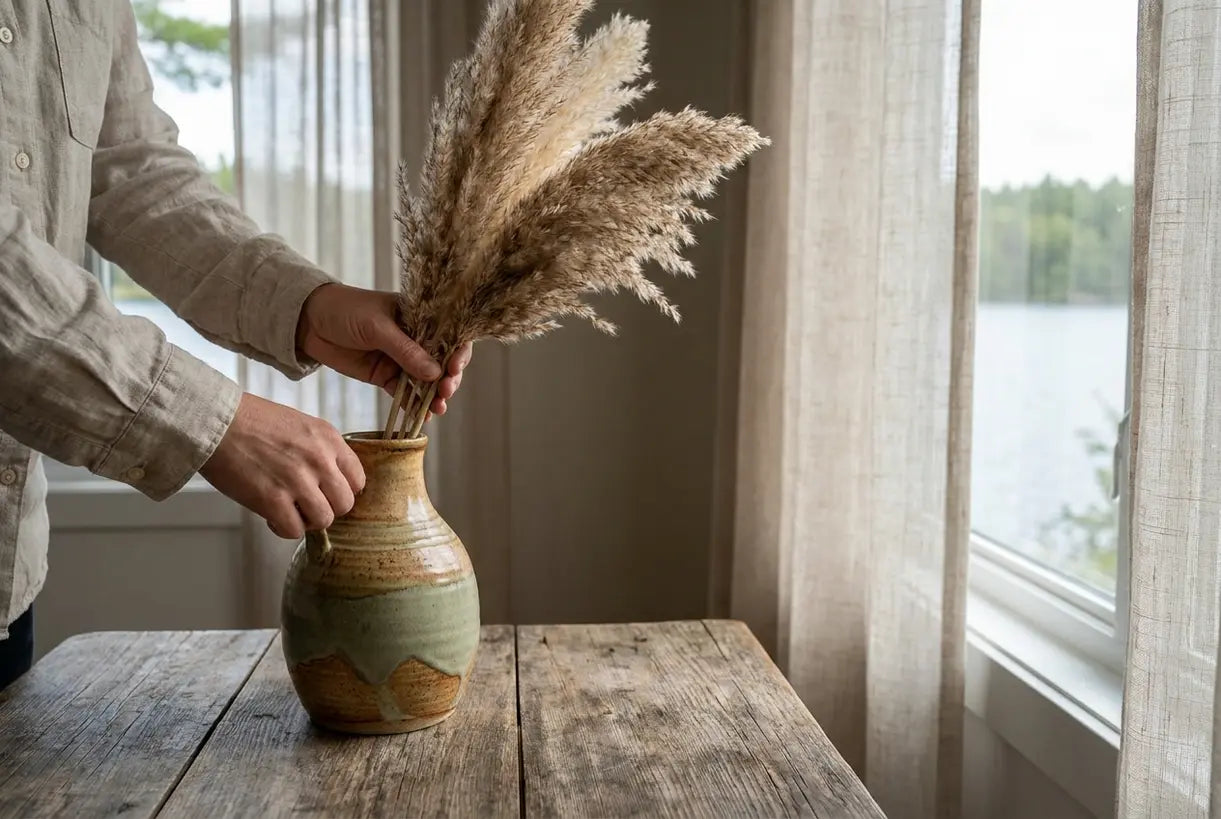 Lake house home decor close-up of rustic ceramic vase with dried botanicals on wooden table