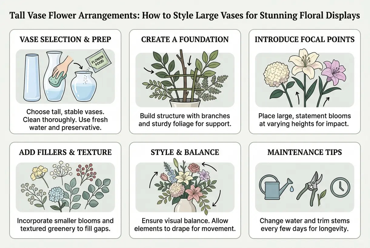 Blumenarrangements in hohen Vasen: So stylen Sie große Vasen für atemberaubende Blumenarrangements – Infografik