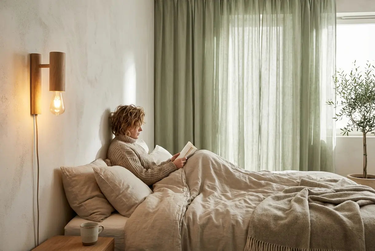 Scandinavische slaapkamer houten wandlamp warme natuurlijke verlichting hygge interieur