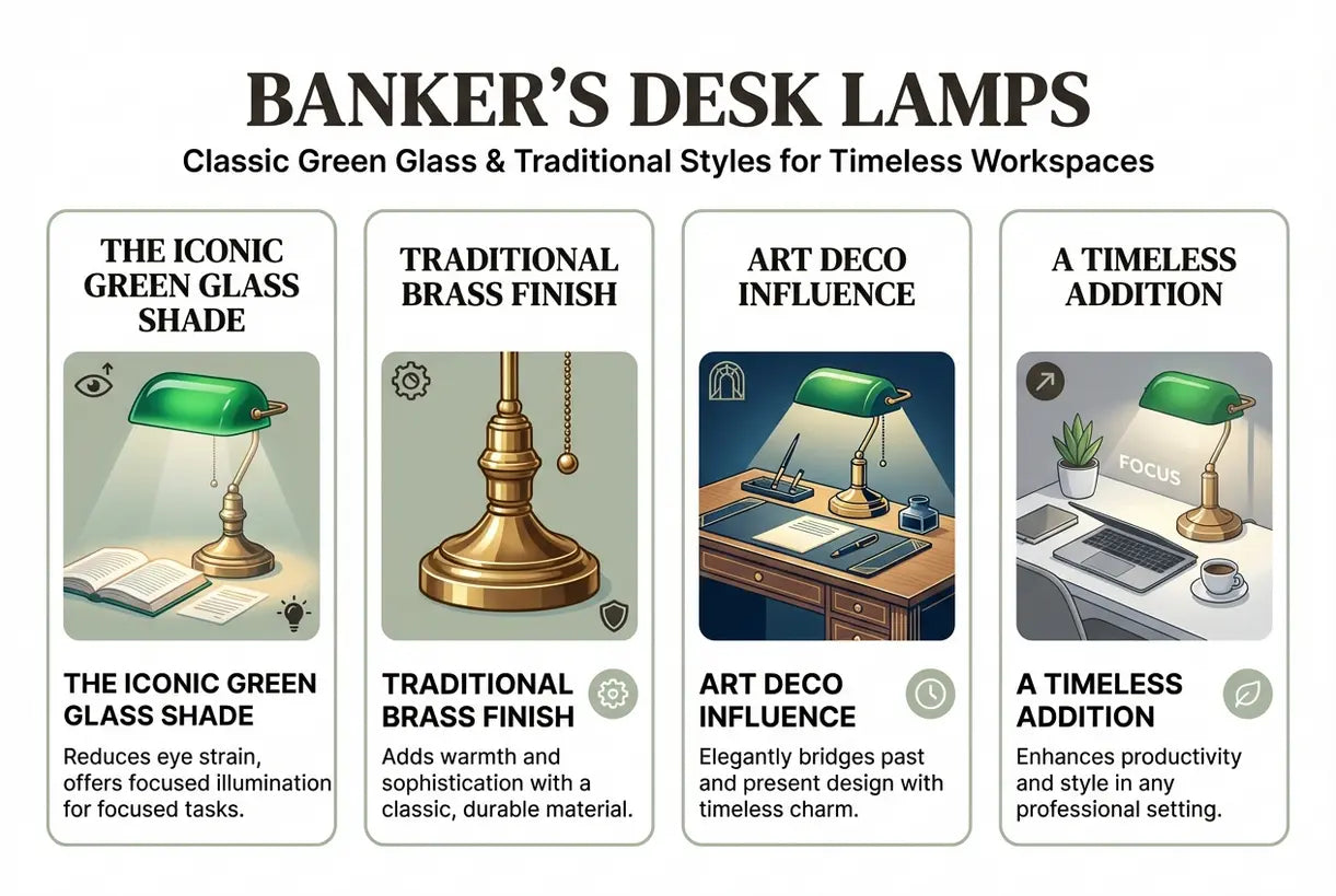 Bankierbureaulampen: klassiek groen glas & traditionele stijlen voor tijdloze werkplekken - infographic