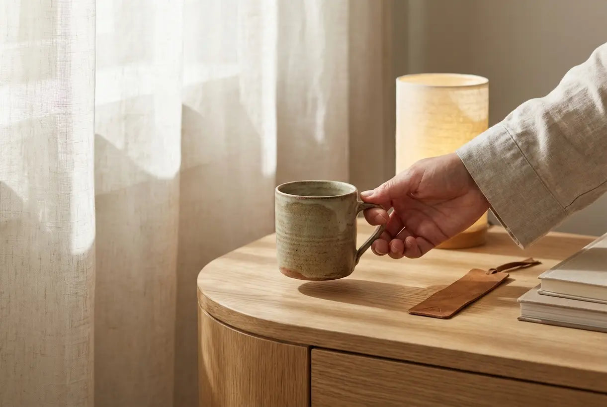 Hand die een keramische mok op een licht eiken Scandinavisch design nachtkastje plaatst met warme sfeerverlichting