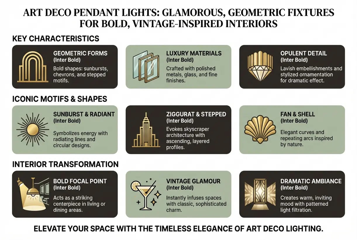 Art Deco Hanglampen: Glamoureuze, Geometrische Armaturen voor Gedurfde, Vintage-geïnspireerde Interieurs - infographic