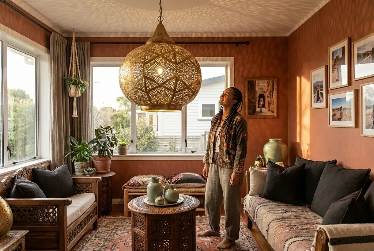 Boheems interieur met Marokkaanse hanglamp die warme schaduwpatronen werpt