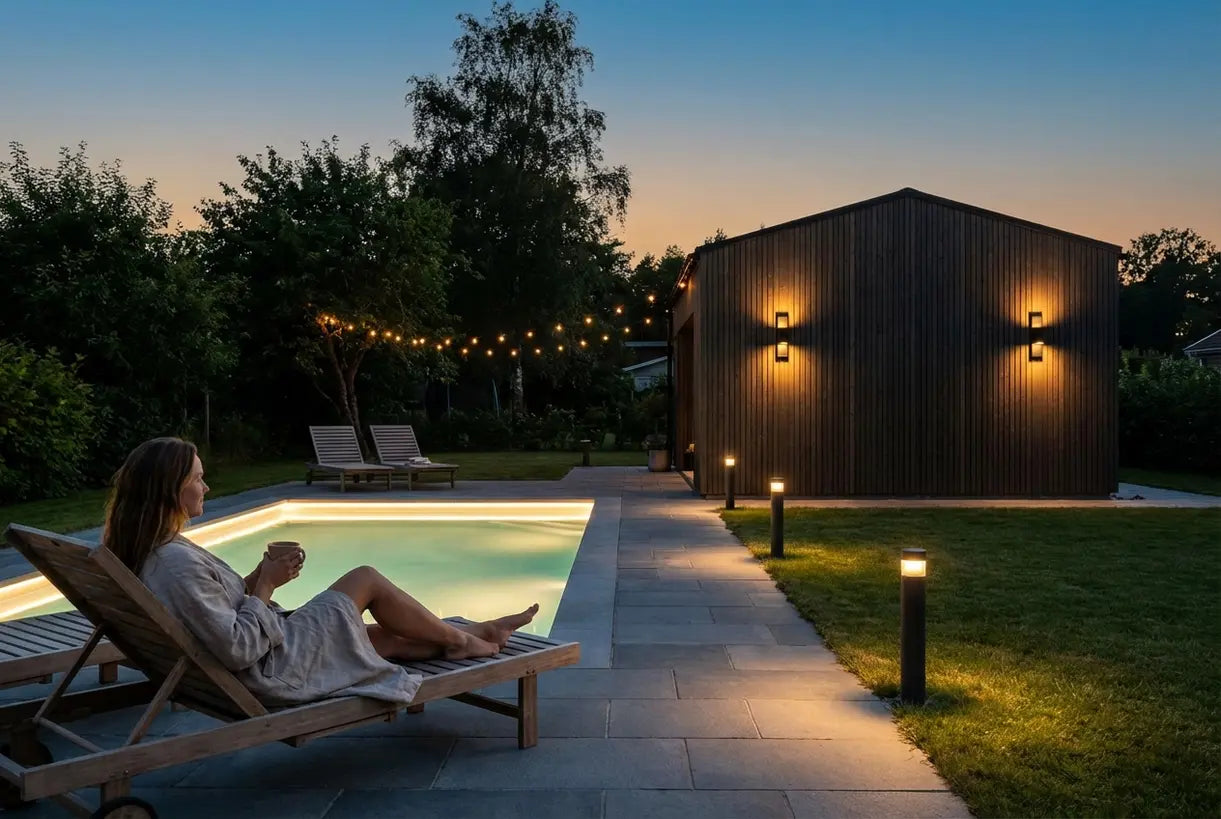 Zwembadgebied in de achtertuin bij schemering met Scandinavische buitenverlichting, padverlichting rondom en warme onderwater-LED-gloed