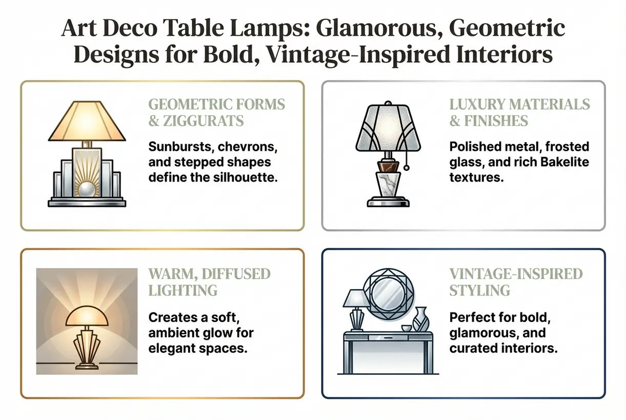 Art Deco Tafellampen: Glamoureuze, Geometrische Ontwerpen voor Gedurfde, Vintage-Geïnspireerde Interieurs - infographic