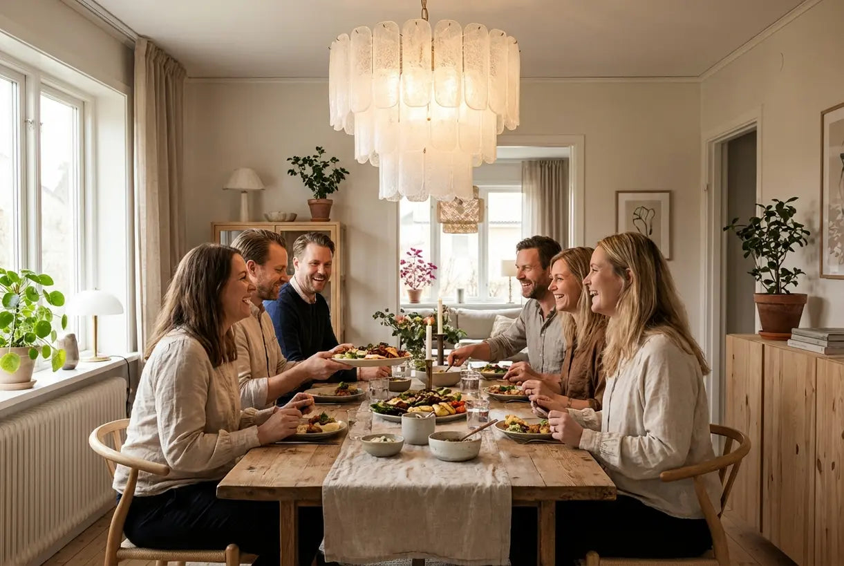 Scandinavische eetkamer met een kroonluchter van matglas en mensen aan tafel