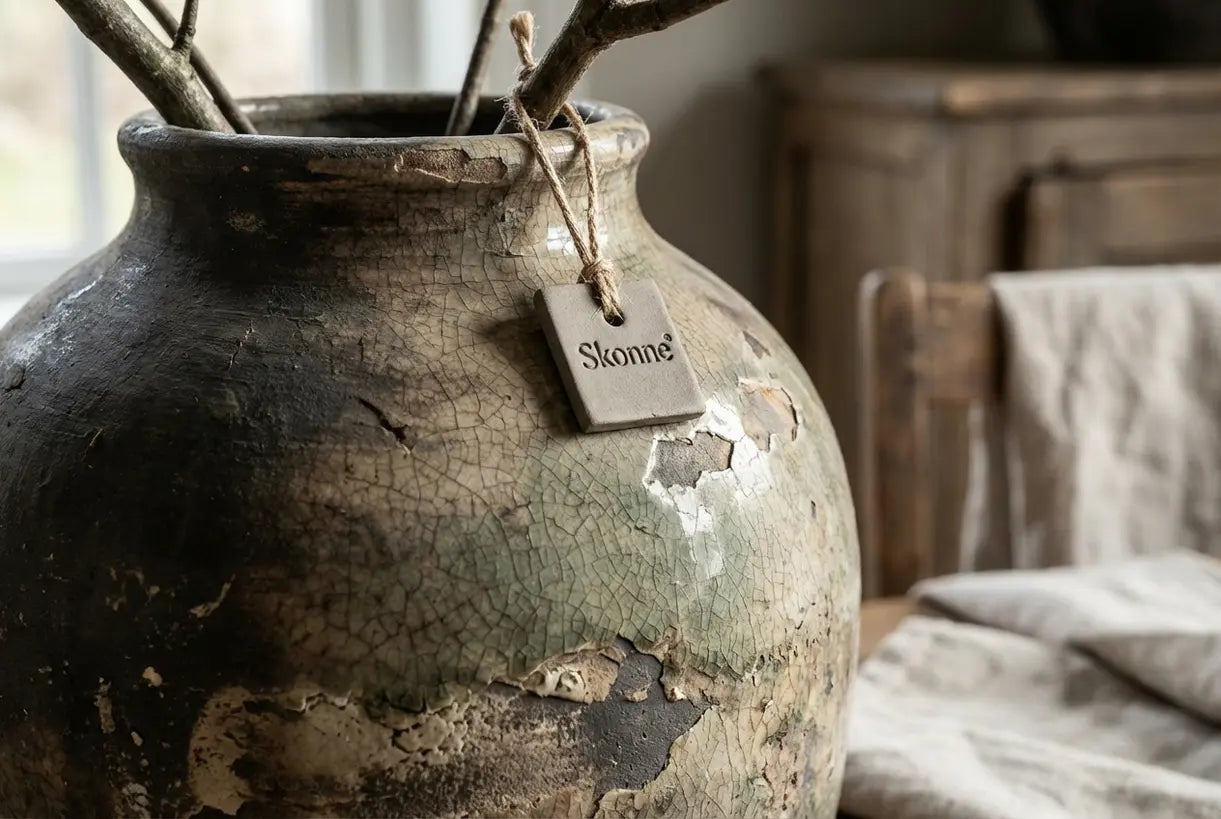 Hand arranging dried flowers in handmade ceramic vase showcasing wabi sabi decor texture and natural beauty