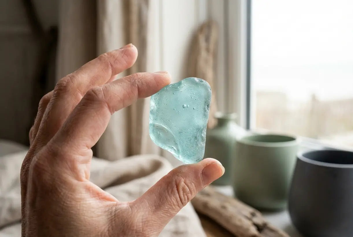 Hand met geslepen zeeglas hanglampmateriaal dat organische textuur en kustinspiratie toont