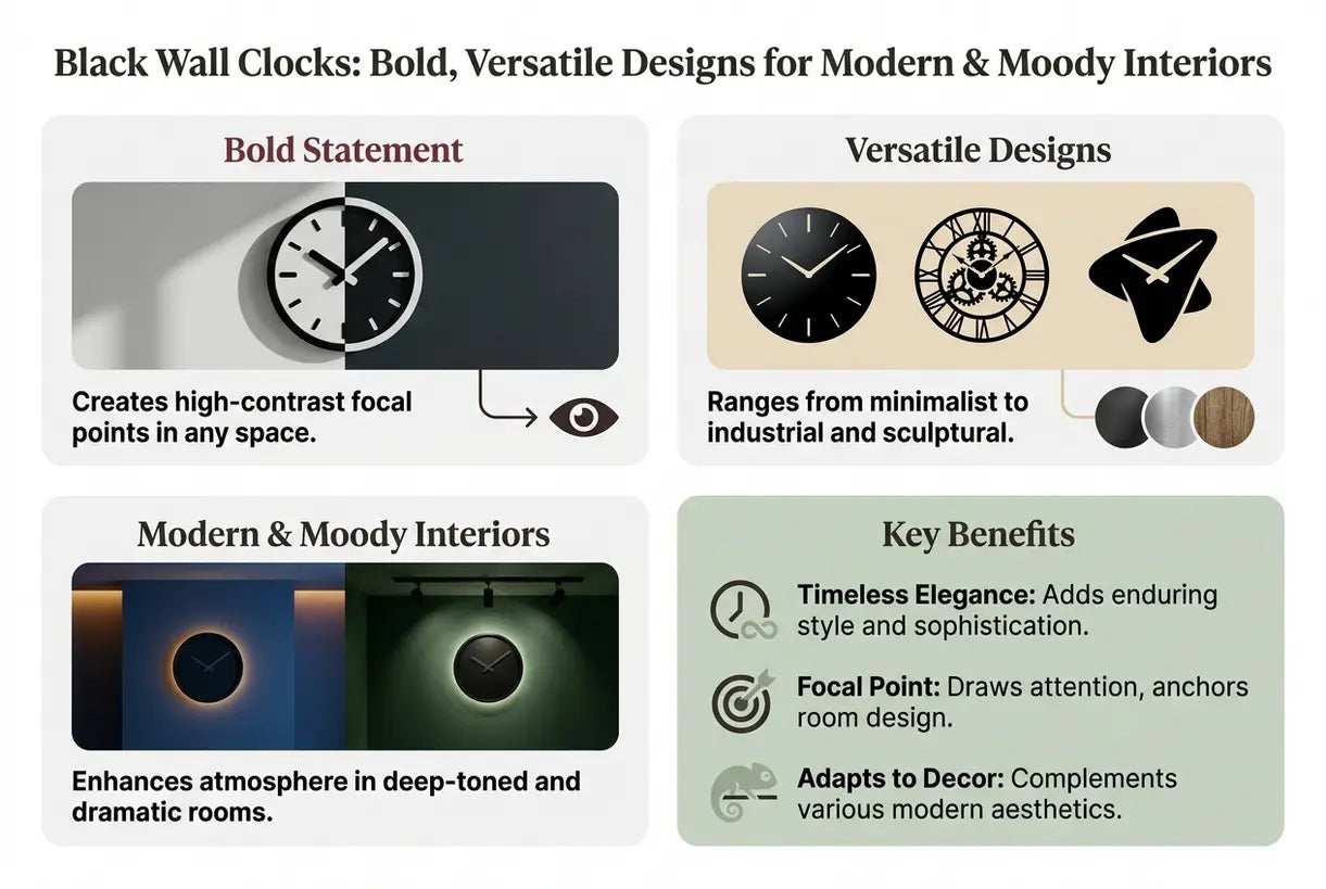 Black Wall Clocks: Bold, Versatile Designs for Modern & Moody Interiors - infographic