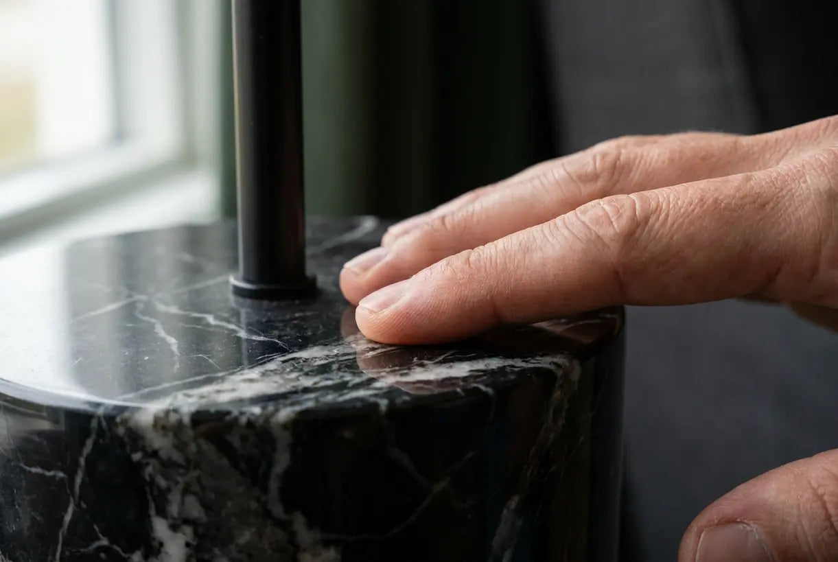 Close-up van een hand op de voet van een tafellamp van zwart marmer met natuurlijke aders