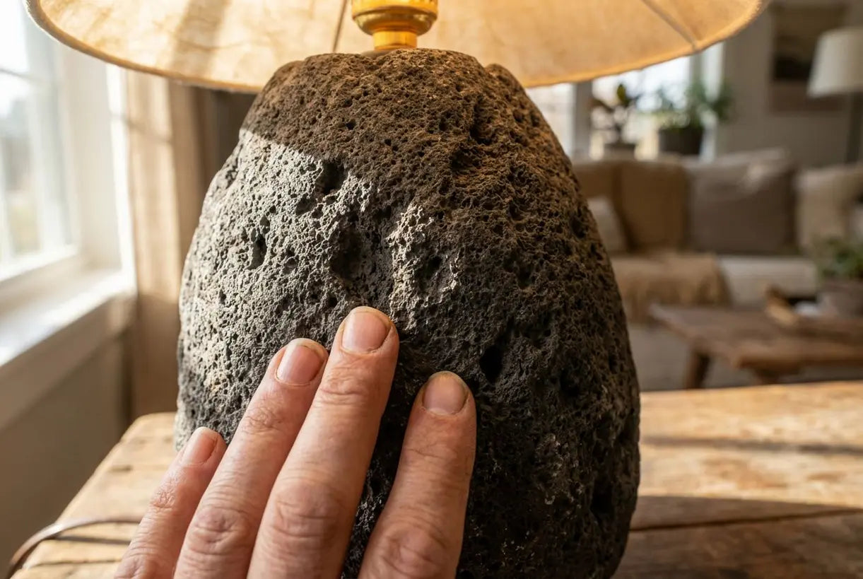 Close-up of hands touching lava stone lamp surface showing volcanic texture and organic material details