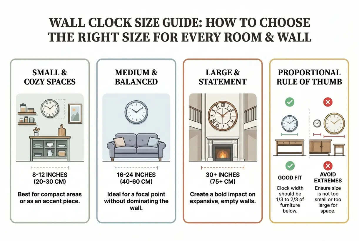 Wall Clock Size Guide: How to Choose the Right Size for Every Room & Wall - infographic