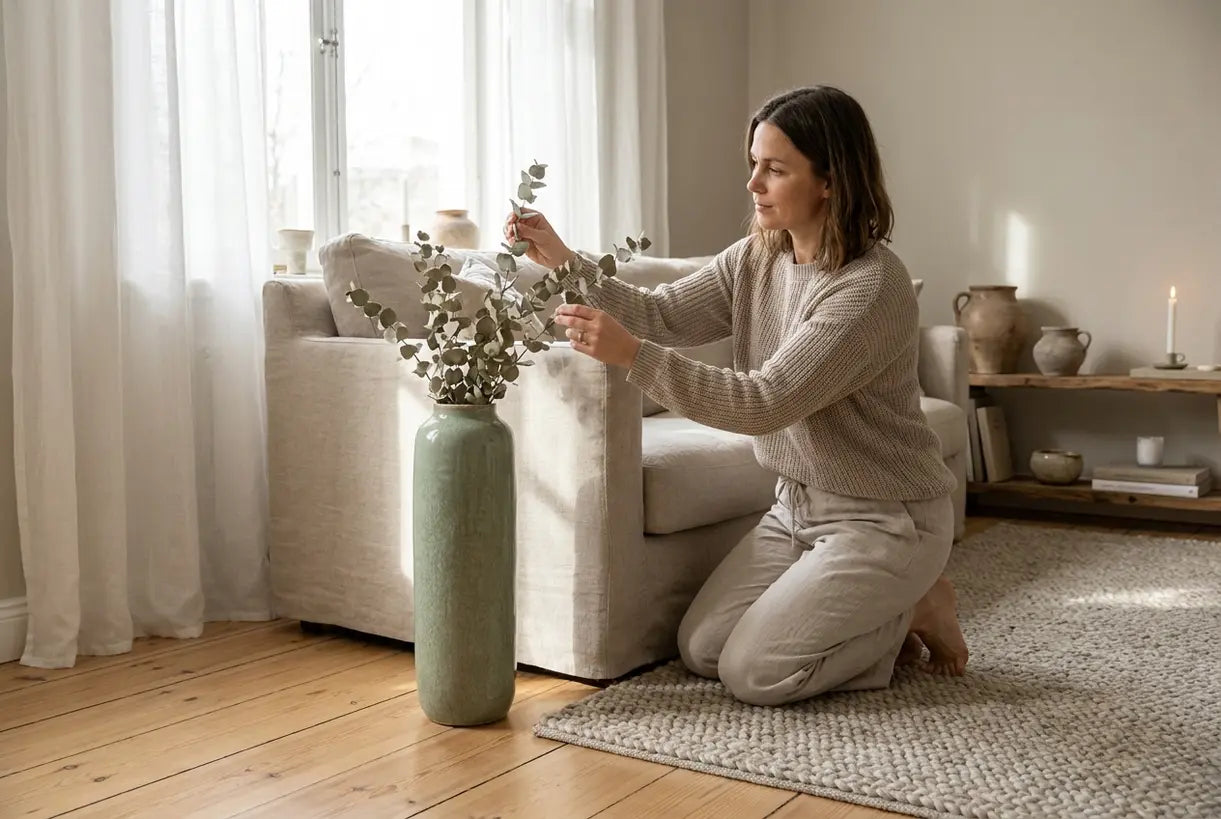 Tall ceramic floor vase styled in Scandinavian living room corner with natural light.