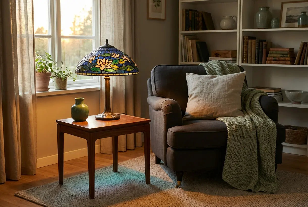 Tafellamp in Tiffany-stijl van glas-in-lood gloeit warm in gezellige Scandinavische woonkamerhoek