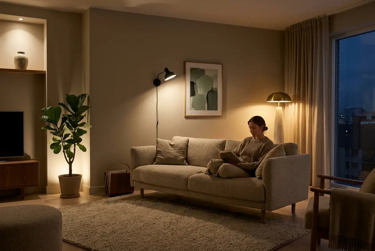 Scandinavian living room with layered accent lighting corner lamp and wall sconce