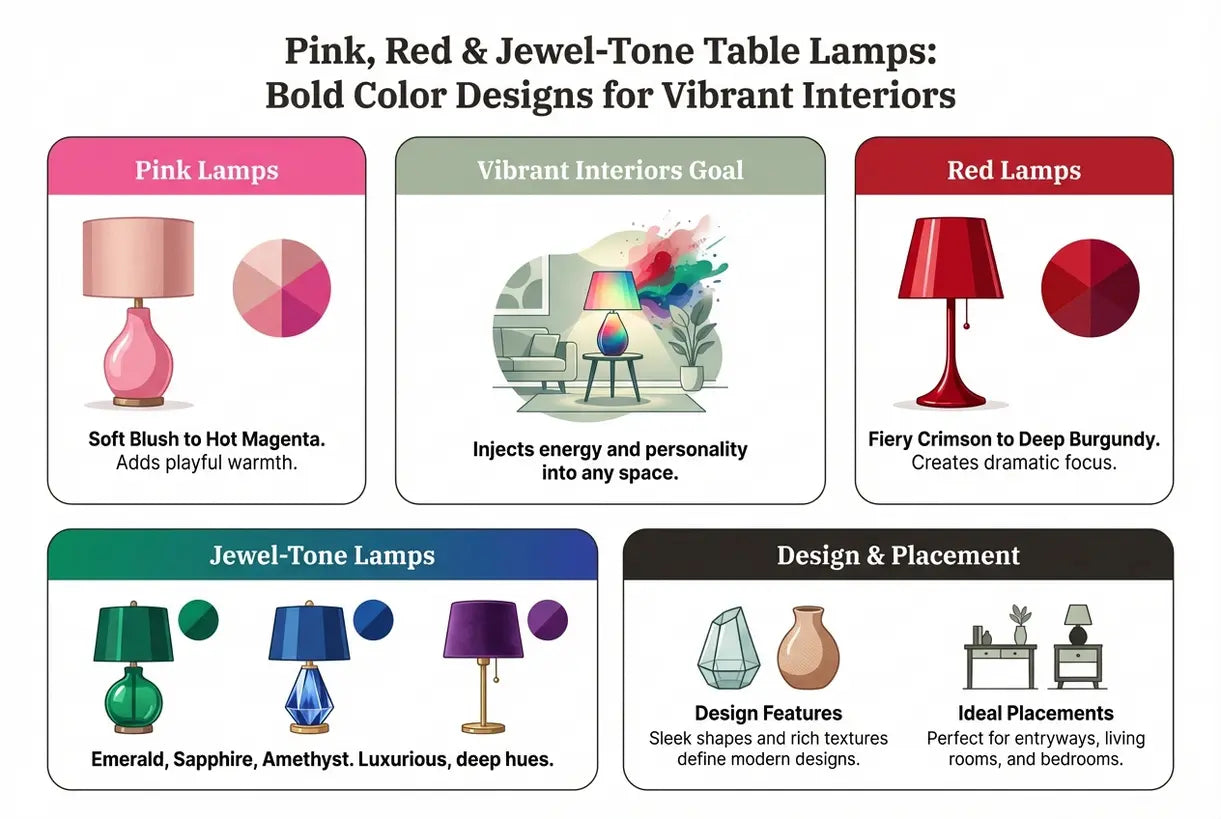 Roze, rode & juweelkleurige tafellampen: Gedurfde kleurontwerpen voor levendige interieurs - infographic
