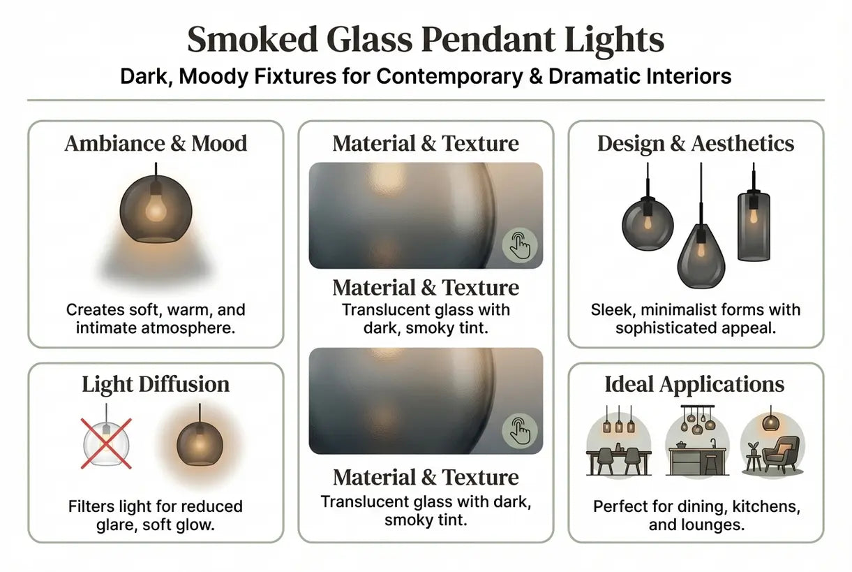 Hanglampen van rookglas: donkere, sfeervolle armaturen voor hedendaagse en dramatische interieurs - infographic