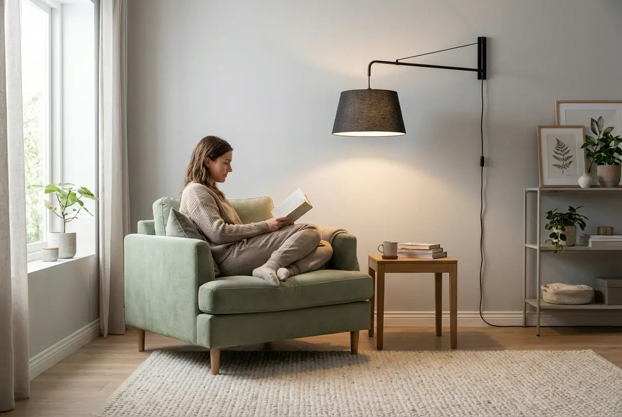 Modern Scandinavische leeshoek met verstelbare wandgemonteerde pendelverlichting